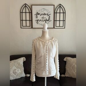 Vintage Route 66 Off White Long Sleeve Crochet Sweater Size L Whimsical Boho